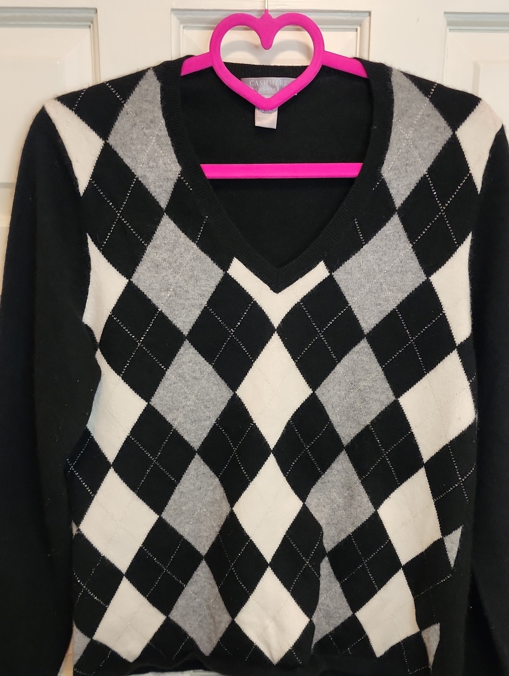 CASHMERE by Charter Club Vneck Argyle Sweater White Gray Black and Shiny Thread